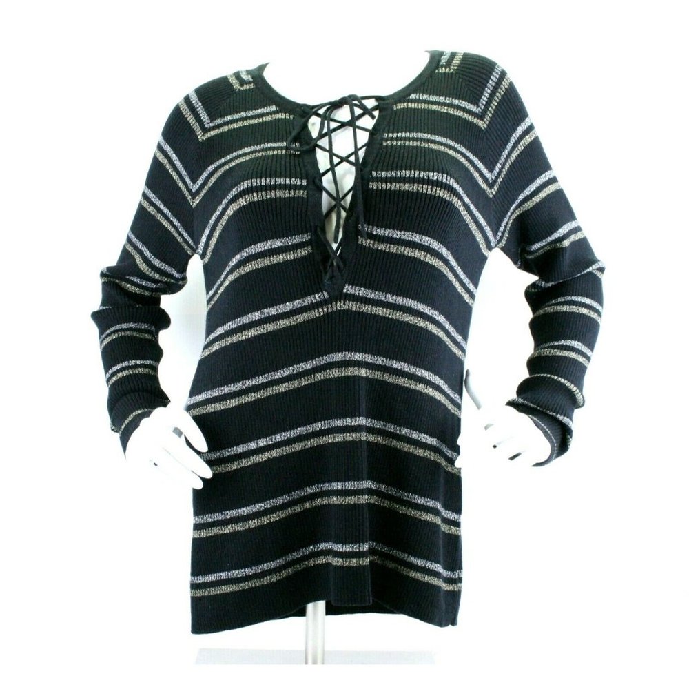 Chaser Womens Size M Sweater Cotton Lurex Ribbed Black Silver Lace up $86 Nwt